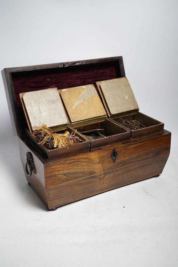 A Regency rosewood tea caddy, three pairs of nut crackers including a novelty skull nut cracker, a plated bowl, two napkin rings and a Wedgwood dish. Condition - varies